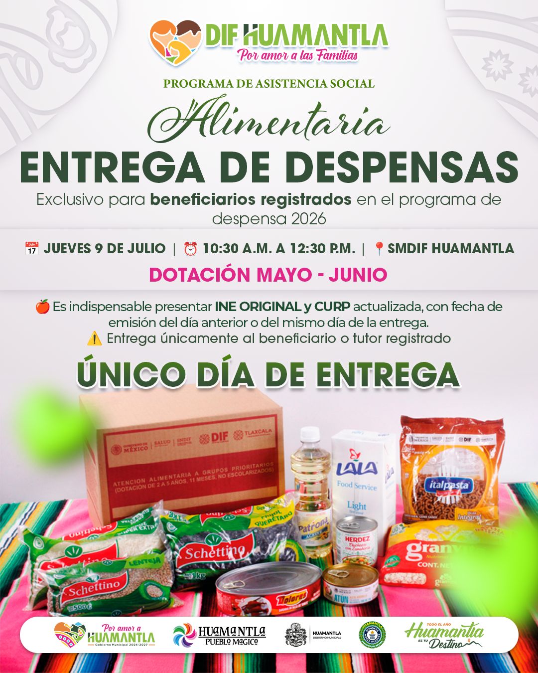 SMDIF Huamantla realizará entrega de despensas del Programa de Asistencia Social Alimentaria